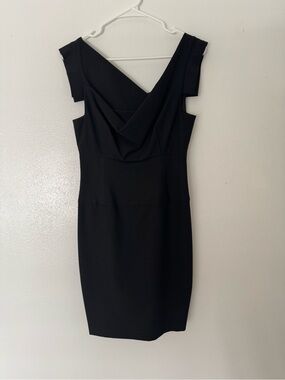 Black Halo Black Draped V-Neck Midi Sheath Dress